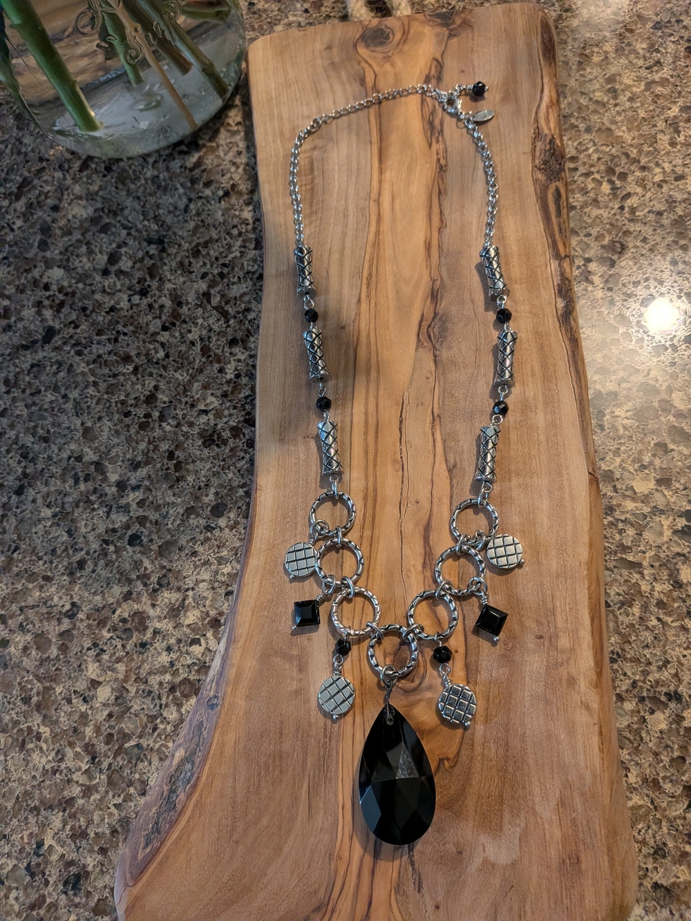 Lia Sophia Silver-Tone Necklace with Black Teardrop Pendant Crosshatch Accents
